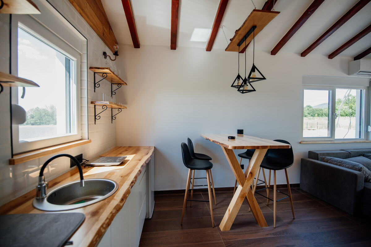 Wood-accented kitchen and dining nook