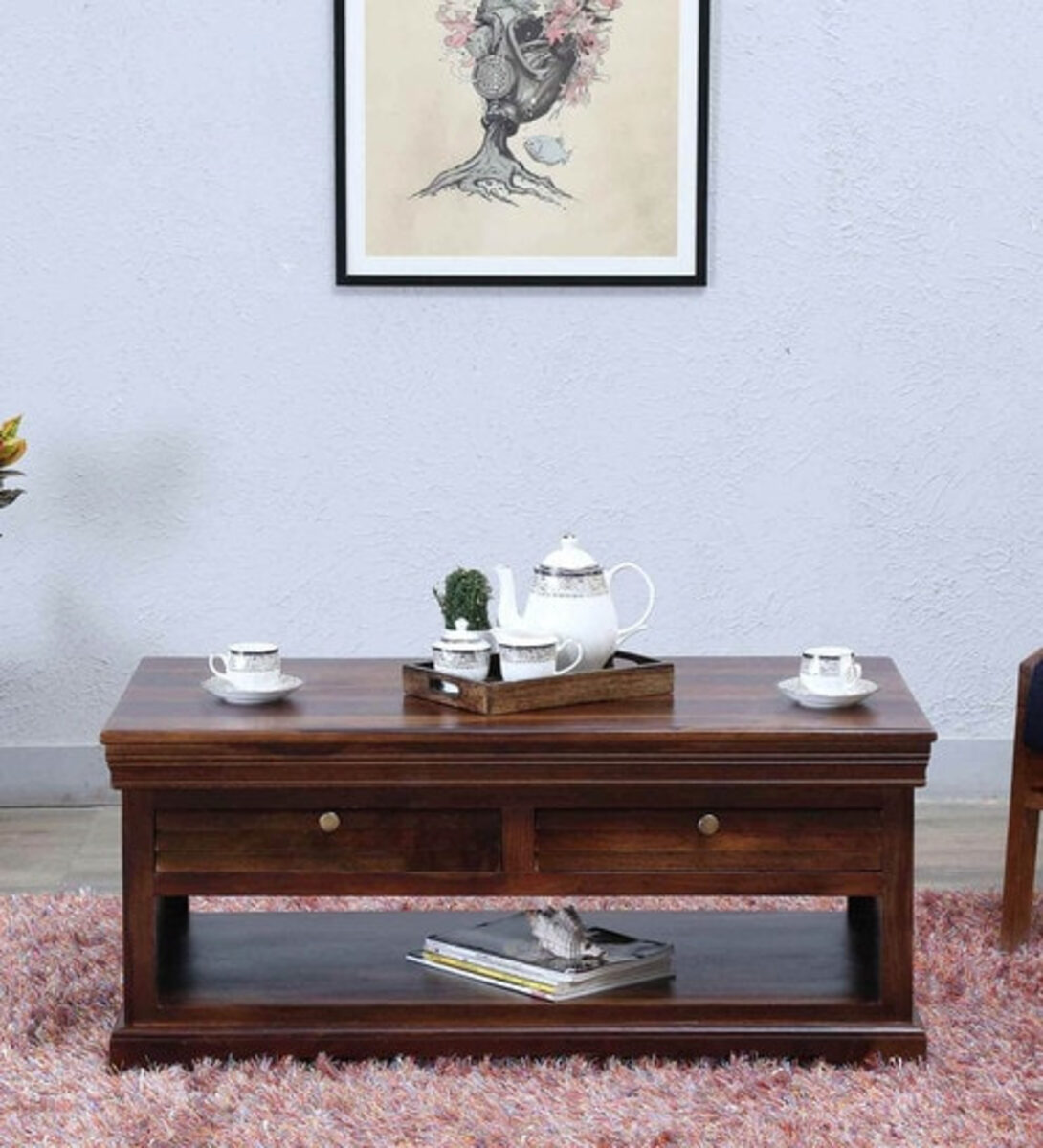 Solid wood coffee table with carved detailing
