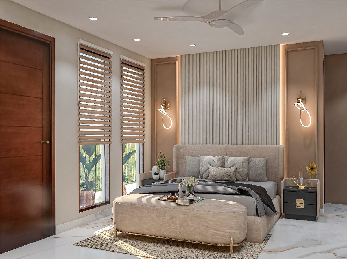Modern bedroom with wardrobe and layered lighting